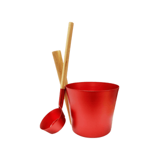 1.5 Gallon Red Aluminum & Bamboo Sauna Bucket and Ladle Set - The Sauna Place