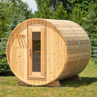 Dundalk 7′ x 8′ Panoramic Knotty Cedar Barrel Sauna - The Sauna Place