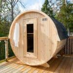 Dundalk Canadian Timber 6′ 6″ x 6′ 6″ Harmony Barrel Sauna - The Sauna Place