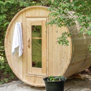 Dundalk Canadian Timber 6′ 6″ x 6′ 6″ Harmony Barrel Sauna - The Sauna Place