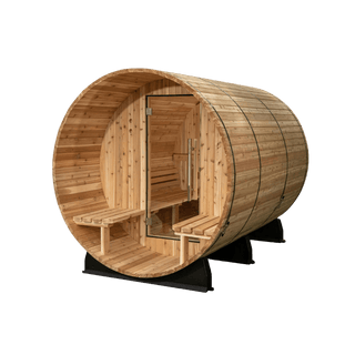 Almost Heaven 6′ x 6’+2′ Charleston 6-Person Barrel Sauna - The Sauna Place