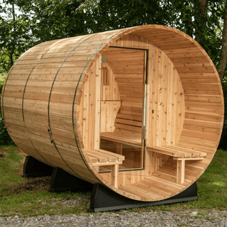 Almost Heaven 6′ x 6’+2′ Charleston 6-Person Barrel Sauna - The Sauna Place