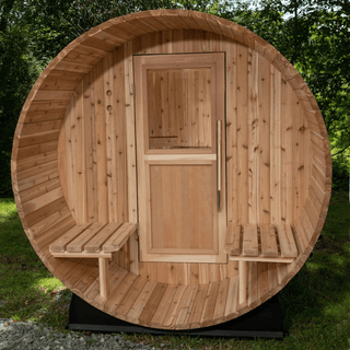 Almost Heaven 6′ x 6’+2′ Charleston 6-Person Barrel Sauna - The Sauna Place