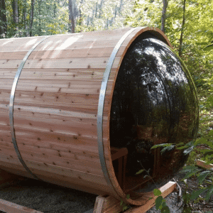 Dundalk 7′ x 8′ Panoramic Knotty Cedar Barrel Sauna - The Sauna Place