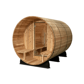 Almost Heaven 6′ x 5+2′ Fairmont 4-person Barrel Sauna - The Sauna Place