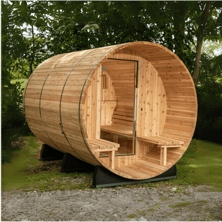 Almost Heaven 6′ x 5+2′ Fairmont 4-person Barrel Sauna - The Sauna Place