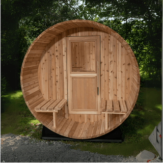 Almost Heaven 6′ x 5+2′ Fairmont 4-person Barrel Sauna - The Sauna Place