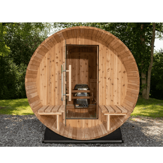 Almost Heaven 6′ x 5+2′ Fairmont 4-person Barrel Sauna - The Sauna Place