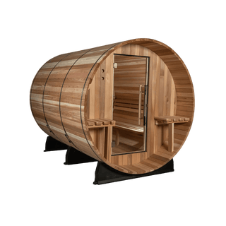 Almost Heaven 6′ x 7’+1′ Huntington 6-Person Barrel Sauna - The Sauna Place