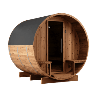 Thermory Barrel No. 60 – Natural (With Wide Back Window & Porch) - The Sauna Place