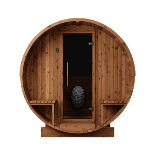 Thermory Barrel No. 60 – Natural (With Wide Back Window & Porch) - The Sauna Place