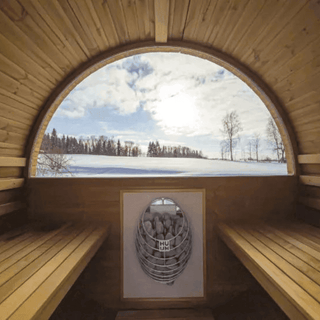 Thermory Barrel No. 60 – Natural (With Wide Back Window & Porch) - The Sauna Place